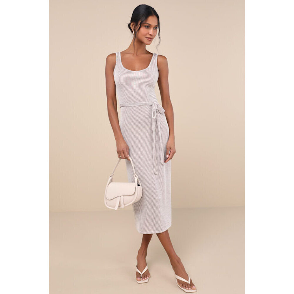 Lulus Summer Perfection Taupe And Ivory Striped Ribbed Midi Dress - Size XS